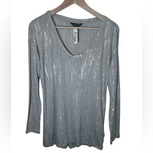 Rock & Republic Metallic Shirt Womens L Light Blue Silver Semi Sheer Stretch